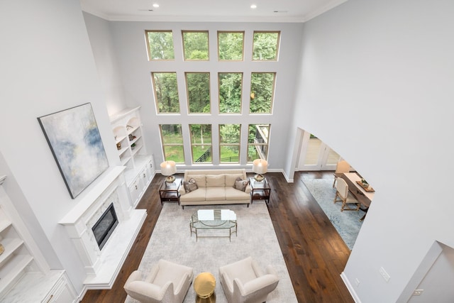 6826 Falls Ridge Ln, College Grove, TN 37046 - living area featuring a glass covered fireplace, wood finished floors, a high ceiling, recessed lighting, and ornamental molding