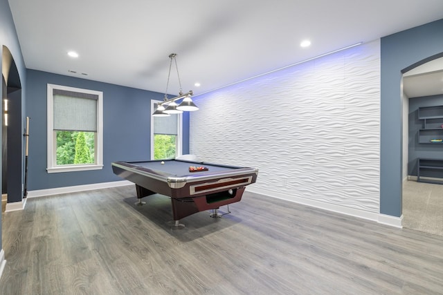 6826 Falls Ridge Ln, College Grove, TN 37046 - game room featuring arched walkways, billiards table, wood finished floors, and recessed lighting