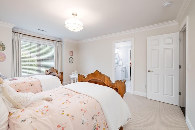 6826 Falls Ridge Ln, College Grove, TN 37046 - bedroom featuring ornamental molding, light colored carpet, and ensuite bath