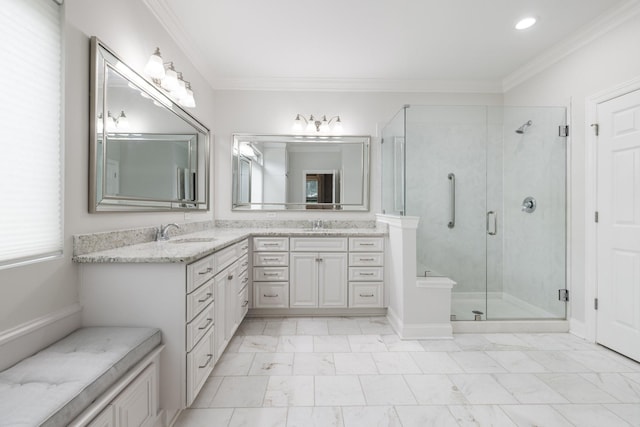 6826 Falls Ridge Ln, College Grove, TN 37046 - bathroom with a stall shower, double vanity, marble finish flooring, crown molding, and recessed lighting