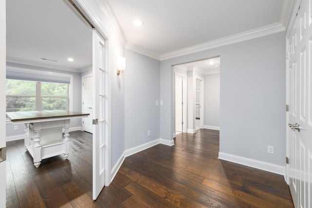 6826 Falls Ridge Ln, College Grove, TN 37046 - corridor with dark wood finished floors, ornamental molding, and recessed lighting