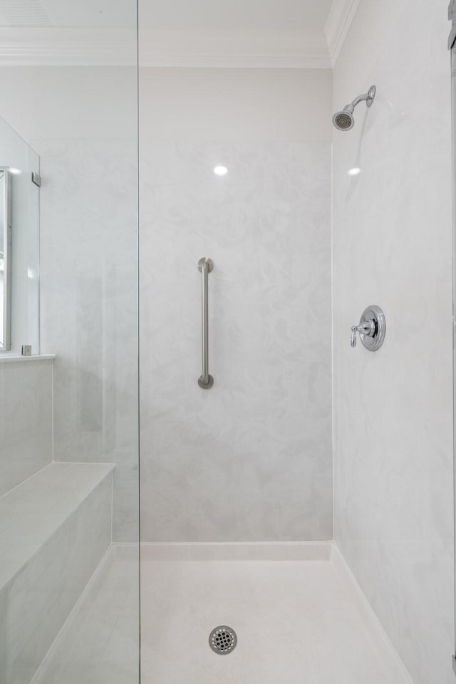 6826 Falls Ridge Ln, College Grove, TN 37046 - bathroom featuring crown molding and a walk in shower