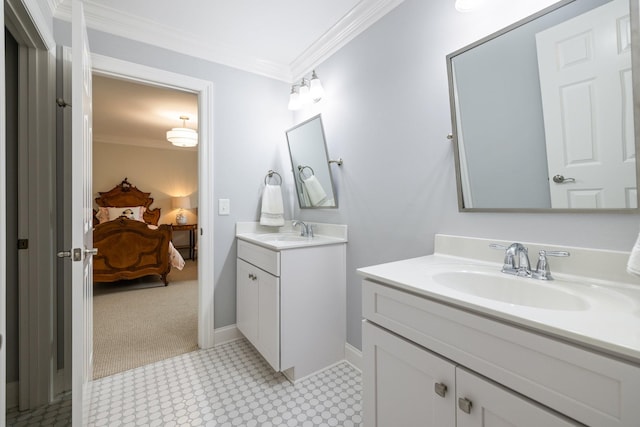 6826 Falls Ridge Ln, College Grove, TN 37046 - bathroom featuring ensuite bath, two vanities, ornamental molding, and tile patterned floors