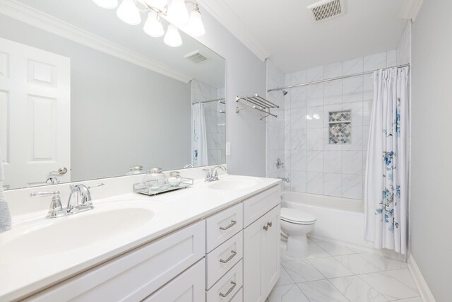 6826 Falls Ridge Ln, College Grove, TN 37046 - full bathroom featuring double vanity, shower / bath combo with shower curtain, crown molding, and marble finish floors