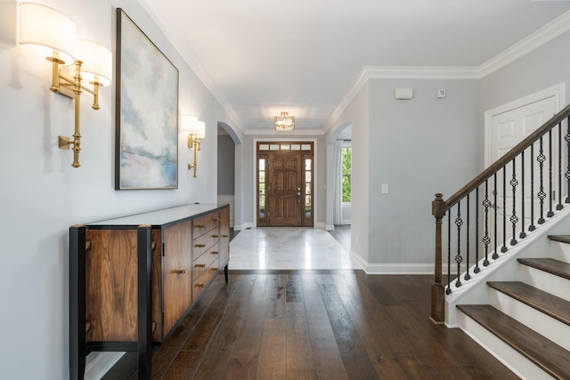 6826 Falls Ridge Ln, College Grove, TN 37046 - entryway featuring arched walkways, wood-type flooring, stairs, and ornamental molding