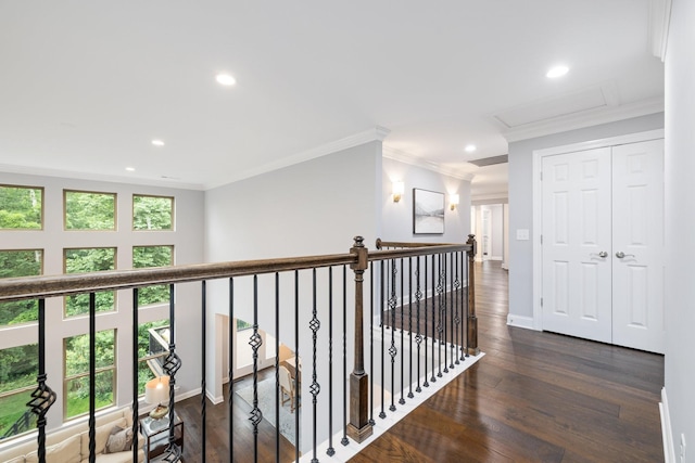 6826 Falls Ridge Ln, College Grove, TN 37046 - corridor with attic access, crown molding, recessed lighting, dark wood finished floors, and an upstairs landing