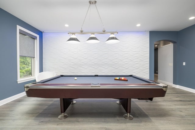6826 Falls Ridge Ln, College Grove, TN 37046 - playroom featuring billiards table, wood finished floors, arched walkways, and recessed lighting