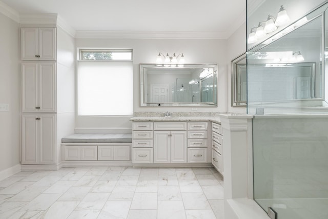 6826 Falls Ridge Ln, College Grove, TN 37046 - bathroom with marble look tile flooring, vanity, a shower with shower door, and ornamental molding