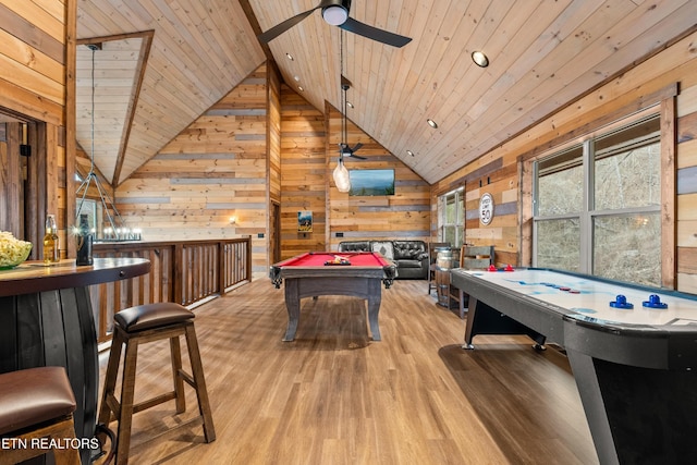 201 Laurel Oaks Way, Gatlinburg, TN 37738 - recreation room with wooden ceiling, billiards, wood walls, vaulted ceiling, and ceiling fan