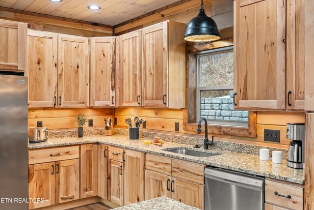 201 Laurel Oaks Way, Gatlinburg, TN 37738 - kitchen featuring appliances with stainless steel finishes, wooden ceiling, light brown cabinetry, recessed lighting, and light stone counters