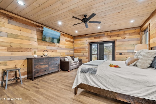 201 Laurel Oaks Way, Gatlinburg, TN 37738 - bedroom with wooden ceiling, access to outside, recessed lighting, wooden walls, and wood finished floors