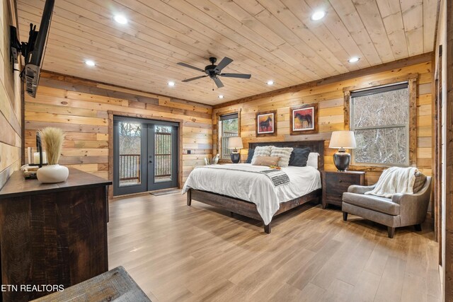 201 Laurel Oaks Way, Gatlinburg, TN 37738 - bedroom featuring wooden ceiling, access to exterior, recessed lighting, light wood-type flooring, and wooden walls
