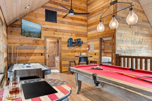 201 Laurel Oaks Way, Gatlinburg, TN 37738 - playroom featuring lofted ceiling, wooden walls, wood finished floors, a ceiling fan, and wood ceiling
