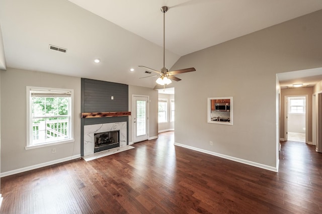 102 Buckhaven Ct, Hendersonville, TN 37075 - unfurnished living room with dark wood-style flooring, a fireplace, vaulted ceiling, a ceiling fan, and recessed lighting