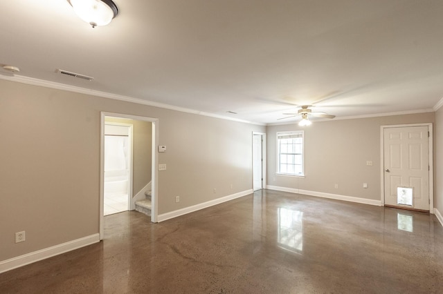 102 Buckhaven Ct, Hendersonville, TN 37075 - spare room featuring concrete floors, ceiling fan, ornamental molding, and stairway