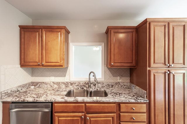 102 Buckhaven Ct, Hendersonville, TN 37075 - kitchen featuring dishwasher, tasteful backsplash, light stone countertops, and brown cabinets