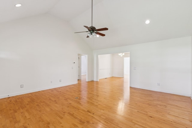 209 Taylor Creek Ln, Chapel Hill, TN 37034 - unfurnished room with ceiling fan, light wood-style flooring, a chandelier, high vaulted ceiling, and recessed lighting