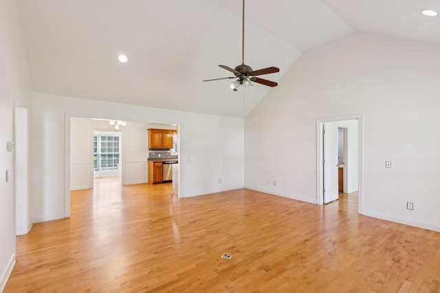 209 Taylor Creek Ln, Chapel Hill, TN 37034 - unfurnished living room featuring a ceiling fan, high vaulted ceiling, a chandelier, light wood-style floors, and recessed lighting