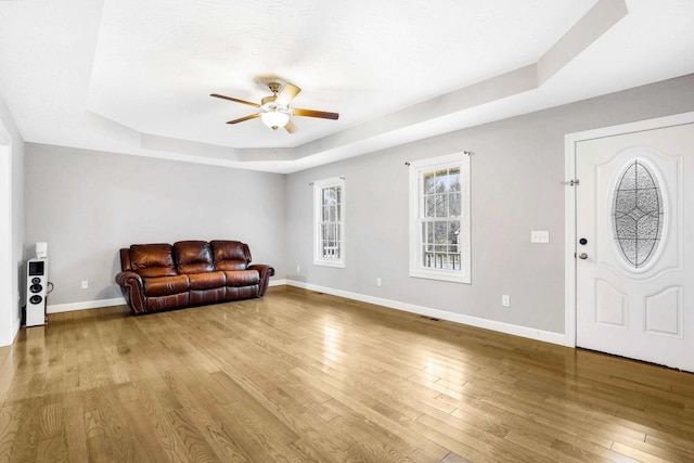 458 Robins Trl, Westmoreland, TN 37186 - foyer with a raised ceiling, ceiling fan, and hardwood / wood-style floors