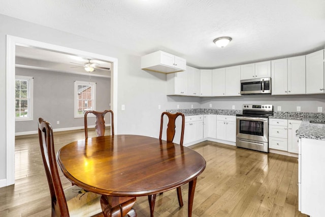 458 Robins Trl, Westmoreland, TN 37186 - kitchen featuring appliances with stainless steel finishes, light wood-type flooring, light stone counters, white cabinetry, and a ceiling fan