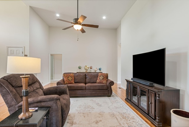 123 River Downs Blvd, Murfreesboro, TN 37128 - living area featuring light wood-type flooring, a ceiling fan, high vaulted ceiling, and recessed lighting