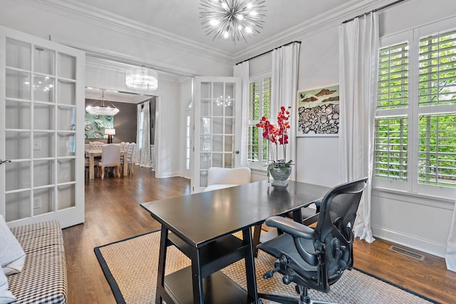 104 Majestic Ln, Franklin, TN 37064 - office featuring a chandelier, french doors, ornamental molding, wood finished floors, and plenty of natural light