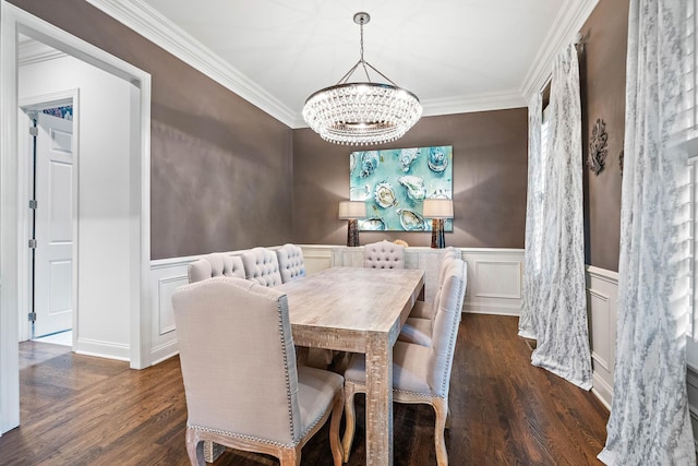 104 Majestic Ln, Franklin, TN 37064 - dining space with a chandelier, crown molding, wood finished floors, a decorative wall, and wainscoting