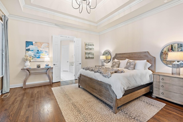 104 Majestic Ln, Franklin, TN 37064 - bedroom with a chandelier, crown molding, wood finished floors, and a tray ceiling