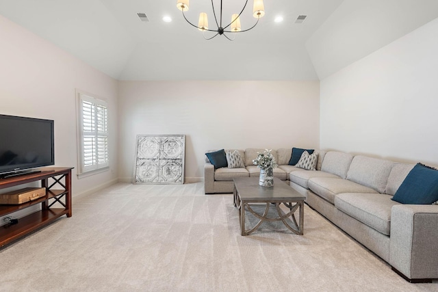 104 Majestic Ln, Franklin, TN 37064 - living area featuring lofted ceiling, a chandelier, and carpet