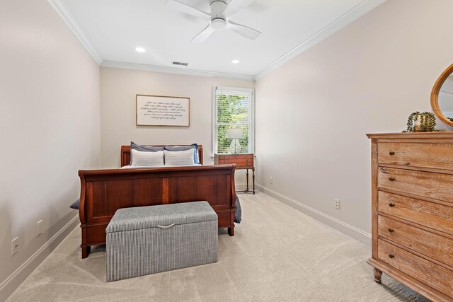 104 Majestic Ln, Franklin, TN 37064 - bedroom with ornamental molding, light colored carpet, ceiling fan, and recessed lighting