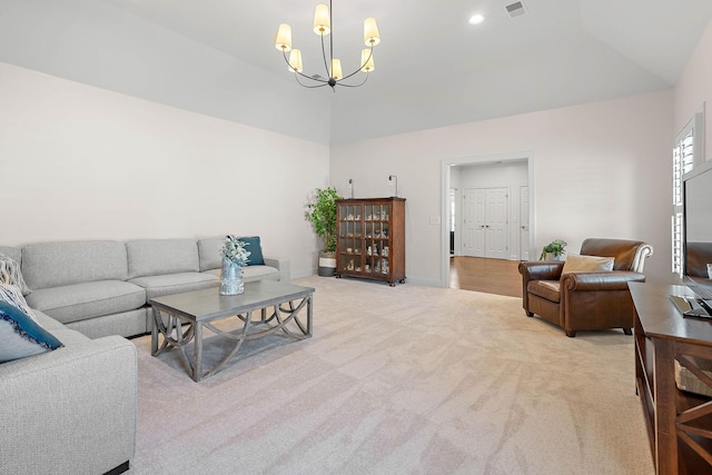 104 Majestic Ln, Franklin, TN 37064 - living room with a chandelier, light colored carpet, and high vaulted ceiling