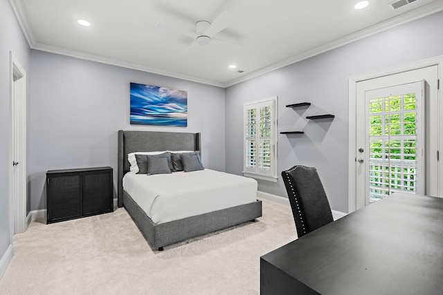 104 Majestic Ln, Franklin, TN 37064 - bedroom with carpet floors, crown molding, recessed lighting, access to outside, and ceiling fan