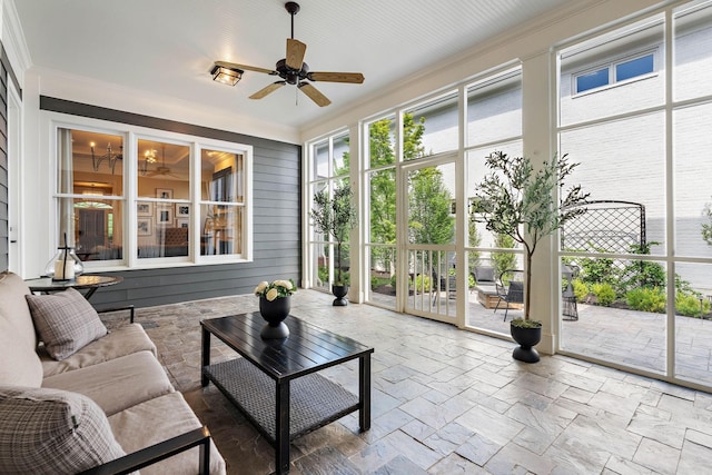 104 Majestic Ln, Franklin, TN 37064 - sunroom with ornamental molding, a ceiling fan, stone tile flooring, and french doors