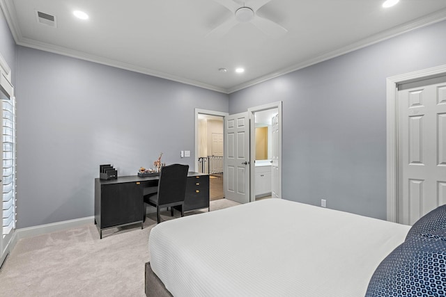 104 Majestic Ln, Franklin, TN 37064 - bedroom featuring light carpet, crown molding, recessed lighting, an office area, and ceiling fan