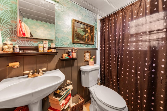 7139 Kingston Rd, Fairview, TN 37062 - full bathroom with wallpapered walls, a wainscoted wall, and a shower with curtain