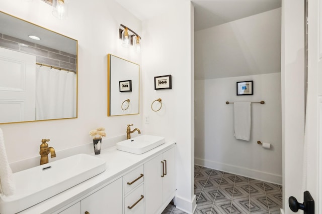973 Hall Cemetery Rd, Burns, TN 37029 - bathroom featuring double vanity and curtained shower