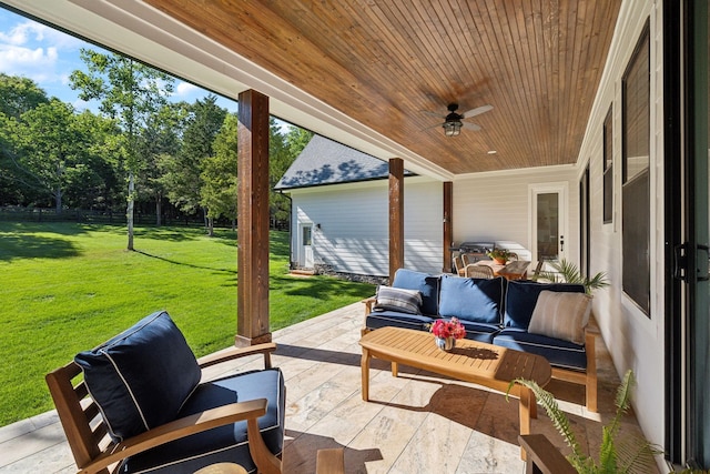 973 Hall Cemetery Rd, Burns, TN 37029 - view of patio featuring an outdoor hangout area, ceiling fan, and view of scattered trees