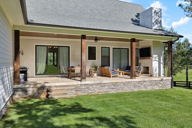 973 Hall Cemetery Rd, Burns, TN 37029 - back of house featuring an outdoor living space, a patio, a chimney, ceiling fan, and a shingled roof