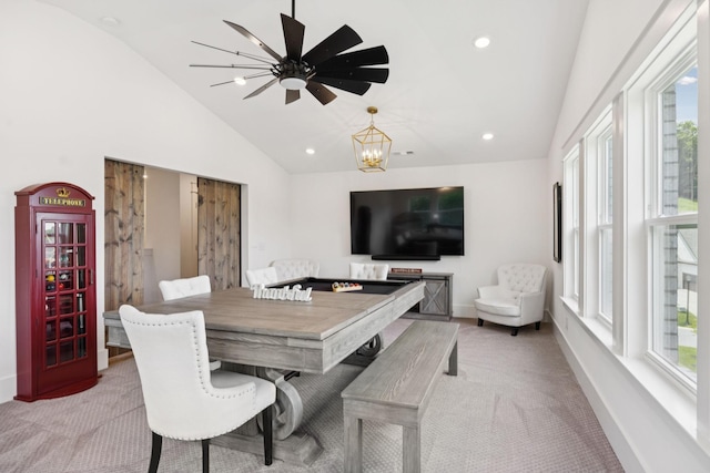 5128 Terravista Ln, Franklin, TN 37064 - dining area featuring vaulted ceiling, light colored carpet, plenty of natural light, a chandelier, and recessed lighting