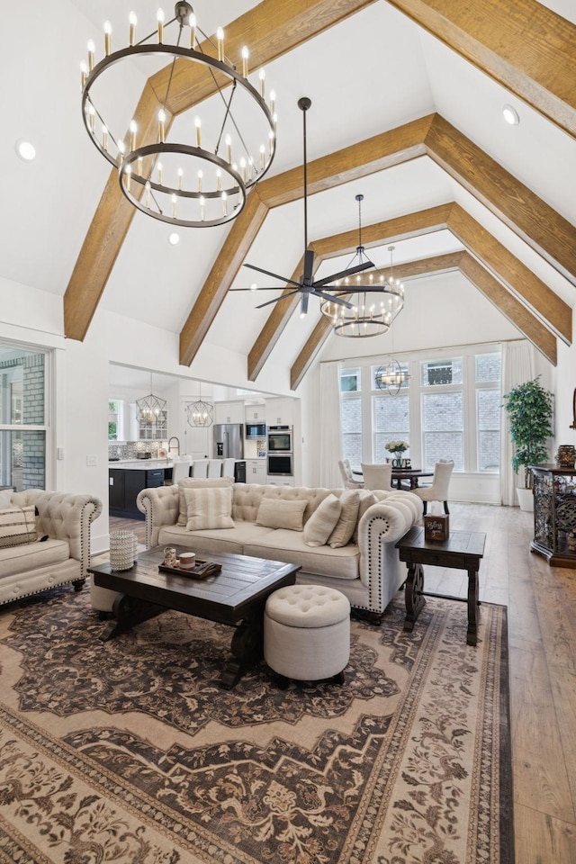 5128 Terravista Ln, Franklin, TN 37064 - living room with a chandelier, beamed ceiling, high vaulted ceiling, wood-type flooring, and recessed lighting