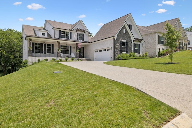 5128 Terravista Ln, Franklin, TN 37064 - view of front of house featuring concrete driveway, covered porch, a front lawn, a garage, and brick siding