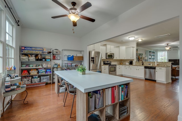 2003 Rural Plains Cir, Franklin, TN 37064 - kitchen featuring stainless steel appliances, ceiling fan, a peninsula, light wood-type flooring, and white cabinets