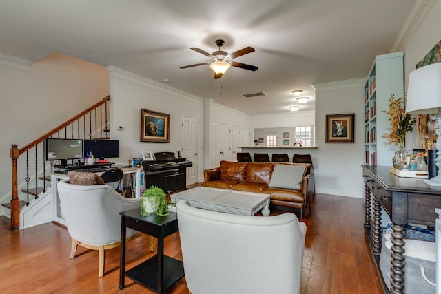 2003 Rural Plains Cir, Franklin, TN 37064 - living area with a ceiling fan, wood finished floors, stairs, and ornamental molding