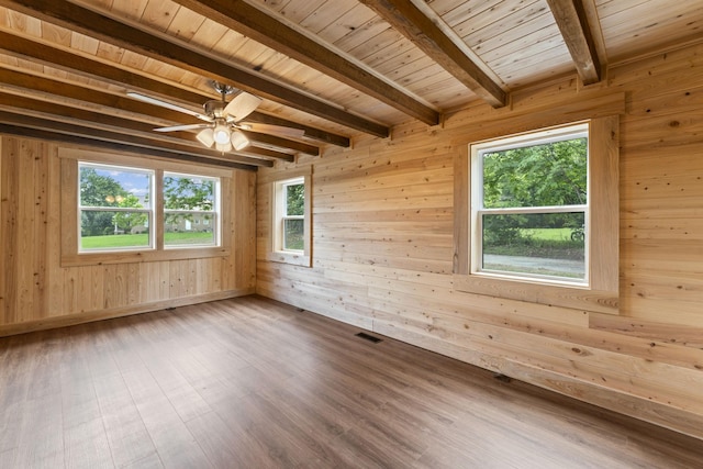 7121 Robinson Dr, Fairview, TN 37062 - unfurnished room with wood walls, wood finished floors, ceiling fan, and a wooden ceiling with exposed beams