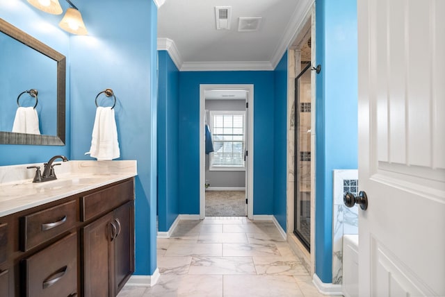 1613 Kestrel Dr, Clarksville, TN 37040 - full bath featuring a shower with door, ornamental molding, vanity, marble finish flooring, and a tub to relax in