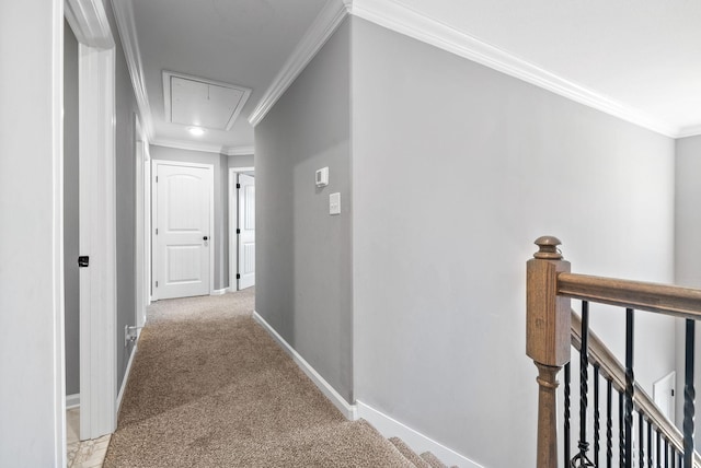 1613 Kestrel Dr, Clarksville, TN 37040 - hallway with attic access, crown molding, an upstairs landing, and light carpet