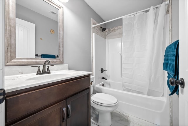 1613 Kestrel Dr, Clarksville, TN 37040 - bathroom featuring vanity, shower / tub combo with curtain, and marble finish floors