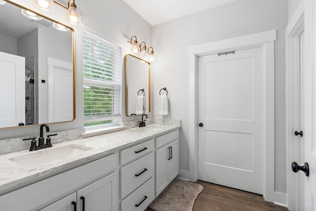 1003 Autumn Ridge Ct, Spring Hill, TN 37174 - bathroom featuring double vanity, wood finished floors, and a shower