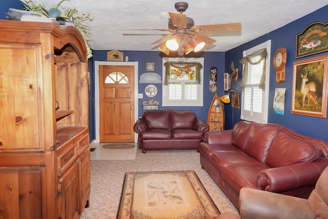 211 Lewis Cir, Dover, TN 37058 - living room featuring carpet floors, a textured ceiling, and ceiling fan