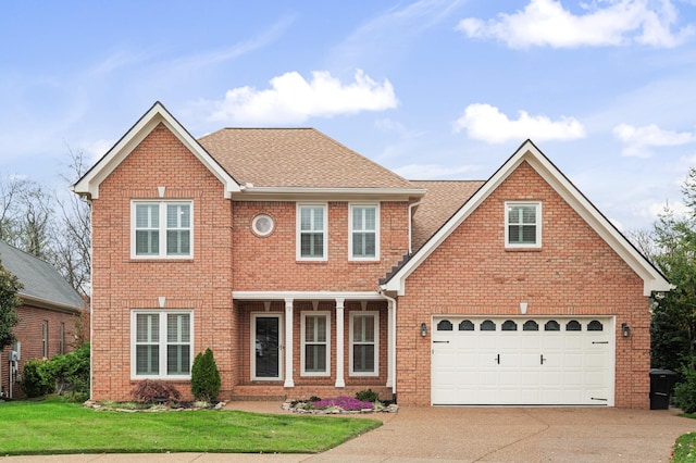 324 Julianna Cir, Franklin, TN 37064 - view of front of house featuring driveway, brick siding, a front lawn, a garage, and a shingled roof